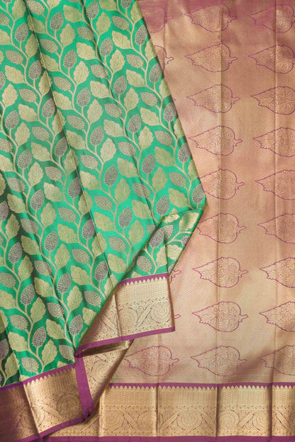 Green Semi Silk Twin Leaves Zari Border Contrast Pallu Saree
