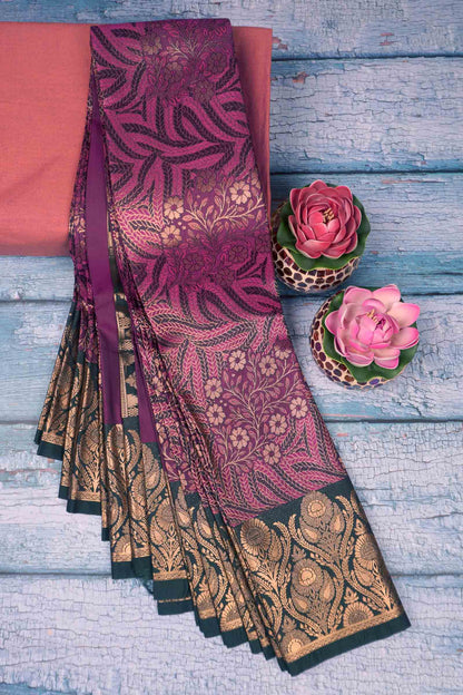 Purple With Dark Green Semi Silk Star Leaf Florals Zari Border Saree