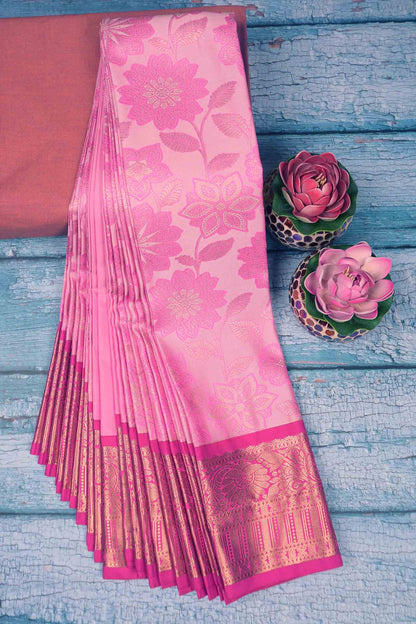 Baby Pink Semi Silk Floral Vines Zari Contrast Pallu Saree