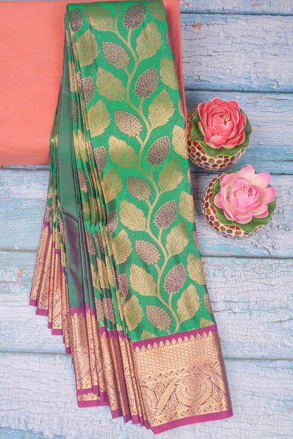 Green Semi Silk Twin Leaves Zari Border Contrast Pallu Saree