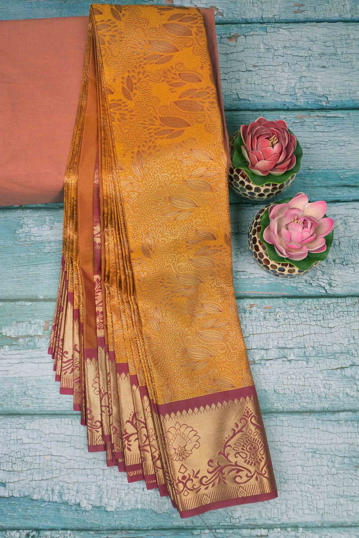 Mustard Yellow Semi Silk Rich Jacquard Pink Pallu Saree