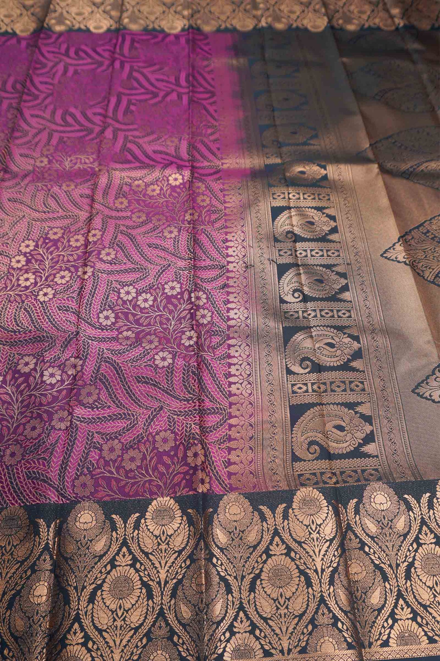 Purple With Dark Green Semi Silk Star Leaf Florals Zari Border Saree