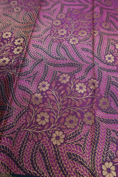 Purple With Dark Green Semi Silk Star Leaf Florals Zari Border Saree