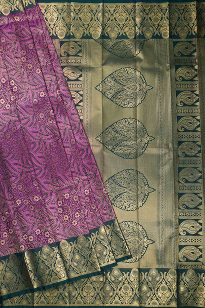 Purple With Dark Green Semi Silk Star Leaf Florals Zari Border Saree