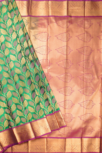 Green Semi Silk Twin Leaves Zari Border Contrast Pallu Saree