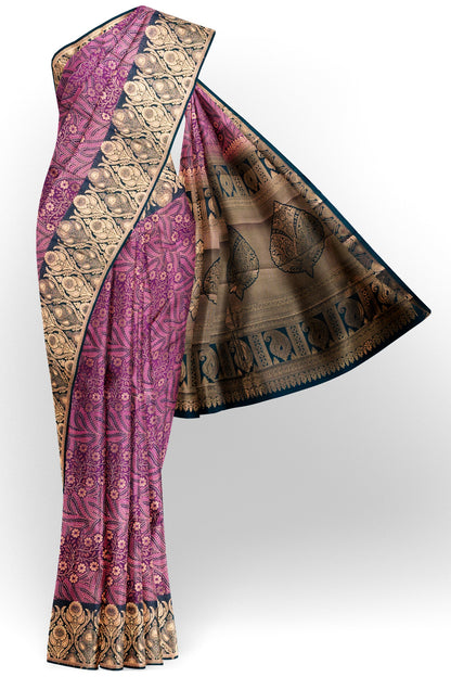 Purple With Dark Green Semi Silk Star Leaf Florals Zari Border Saree