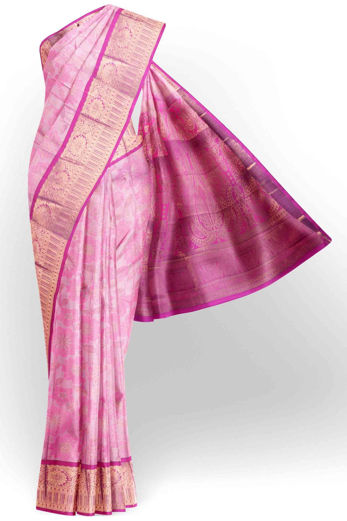 Baby Pink Semi Silk Floral Vines Zari Contrast Pallu Saree