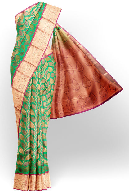 Green Semi Silk Twin Leaves Zari Border Contrast Pallu Saree