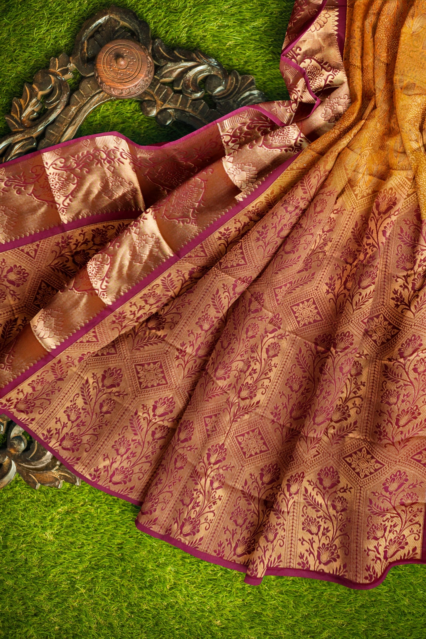 Mustard Yellow Semi Silk Rich Jacquard Pink Pallu Saree