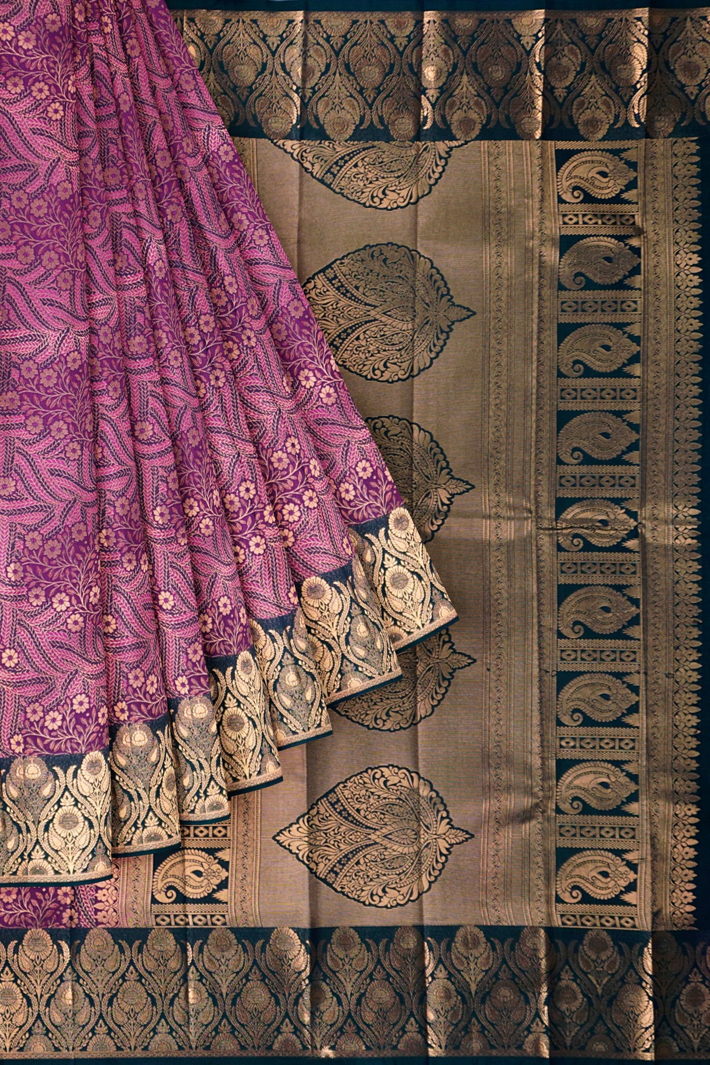 Purple With Dark Green Semi Silk Star Leaf Florals Zari Border Saree