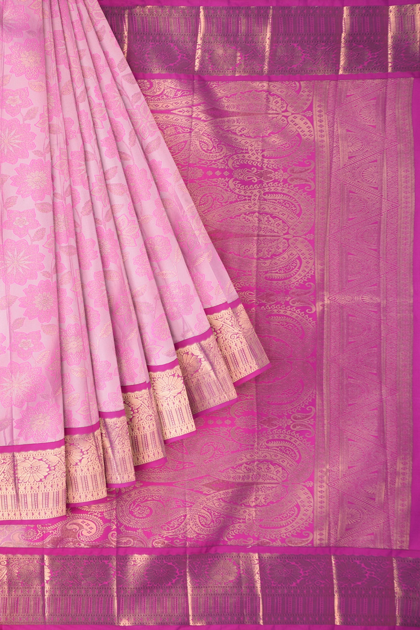 Baby Pink Semi Silk Floral Vines Zari Contrast Pallu Saree