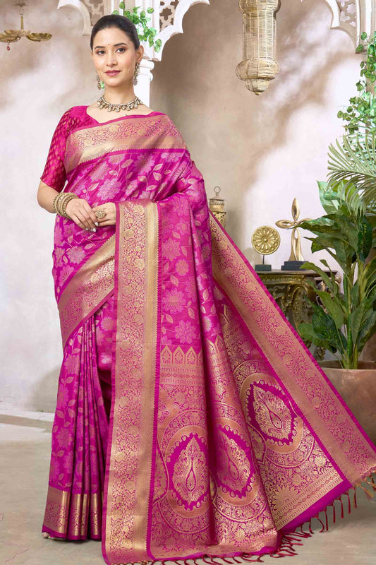 Magenta Pink Semi Silk Floral SelfJacquard Rich Pallu Saree
