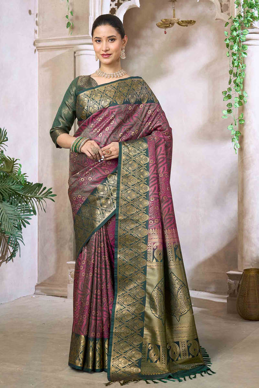 Purple With Dark Green Semi Silk Star Leaf Florals Zari Border Saree