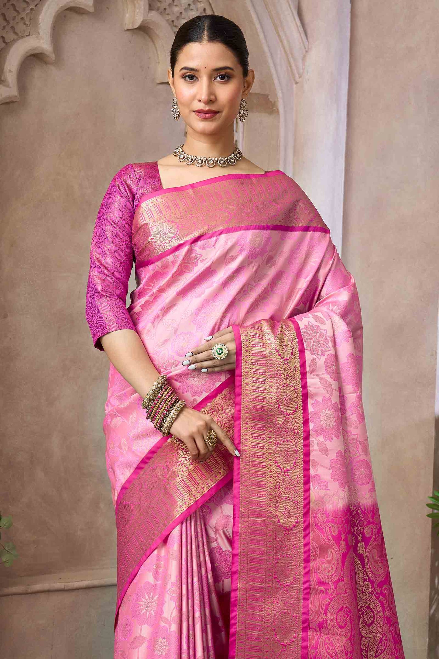 Baby Pink Semi Silk Floral Vines Zari Contrast Pallu Saree