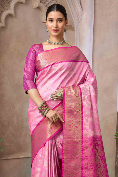 Baby Pink Semi Silk Floral Vines Zari Contrast Pallu Saree