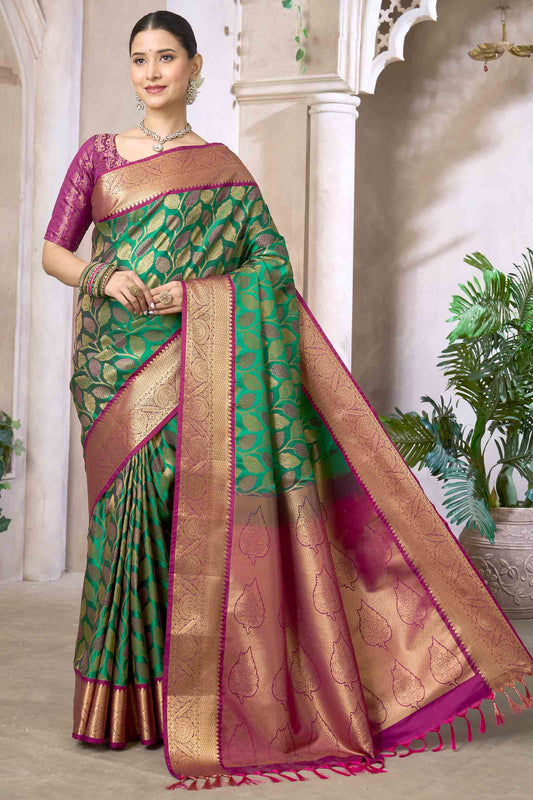 Green Semi Silk Twin Leaves Zari Border Contrast Pallu Saree