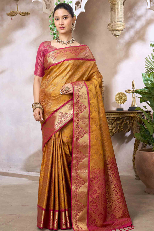 Mustard Yellow Semi Silk Rich Jacquard Pink Pallu Saree