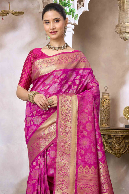 Magenta Pink Semi Silk Floral SelfJacquard Rich Pallu Saree
