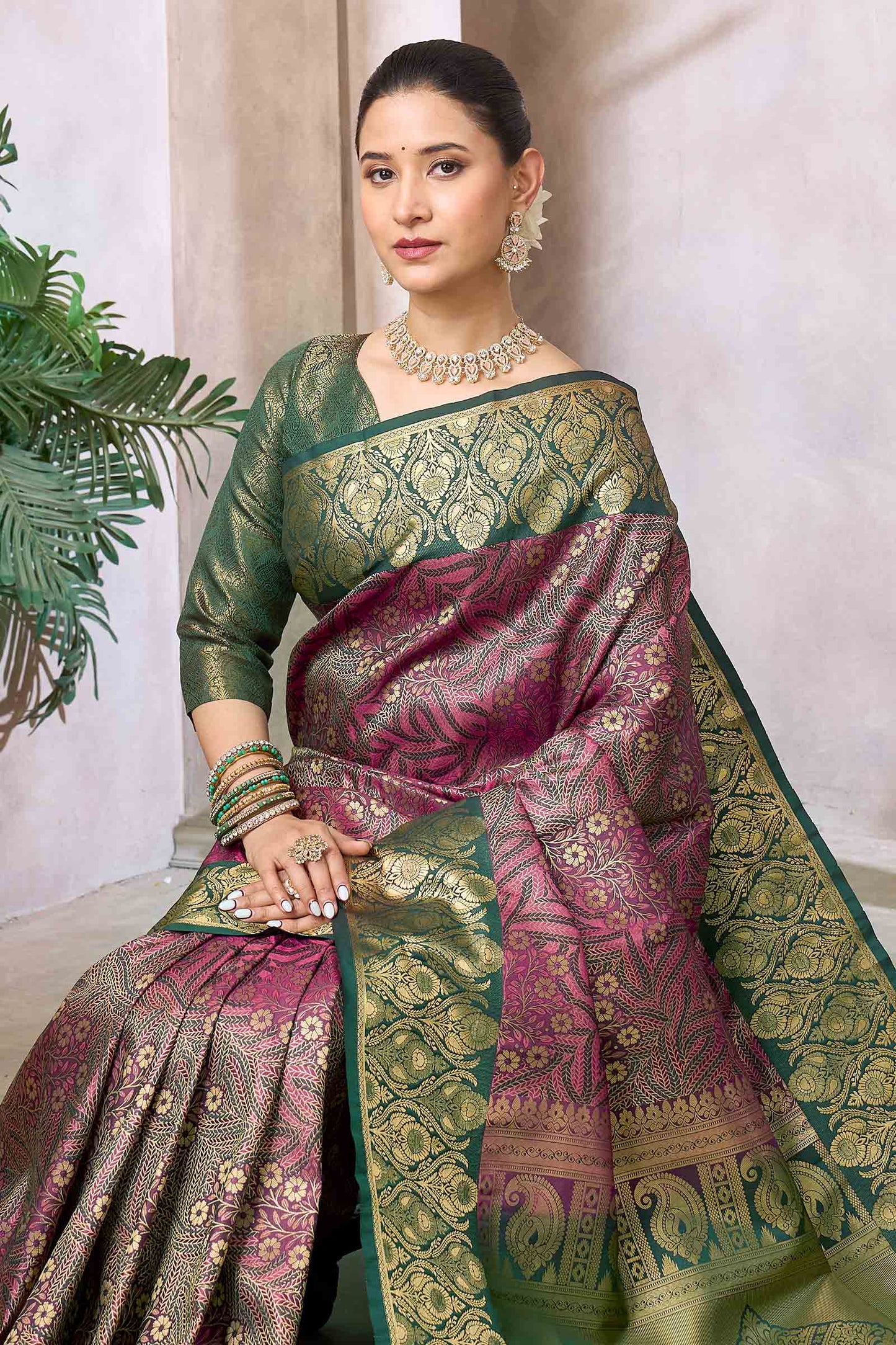 Purple With Dark Green Semi Silk Star Leaf Florals Zari Border Saree