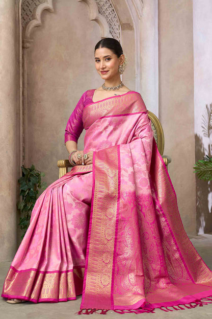 Baby Pink Semi Silk Floral Vines Zari Contrast Pallu Saree