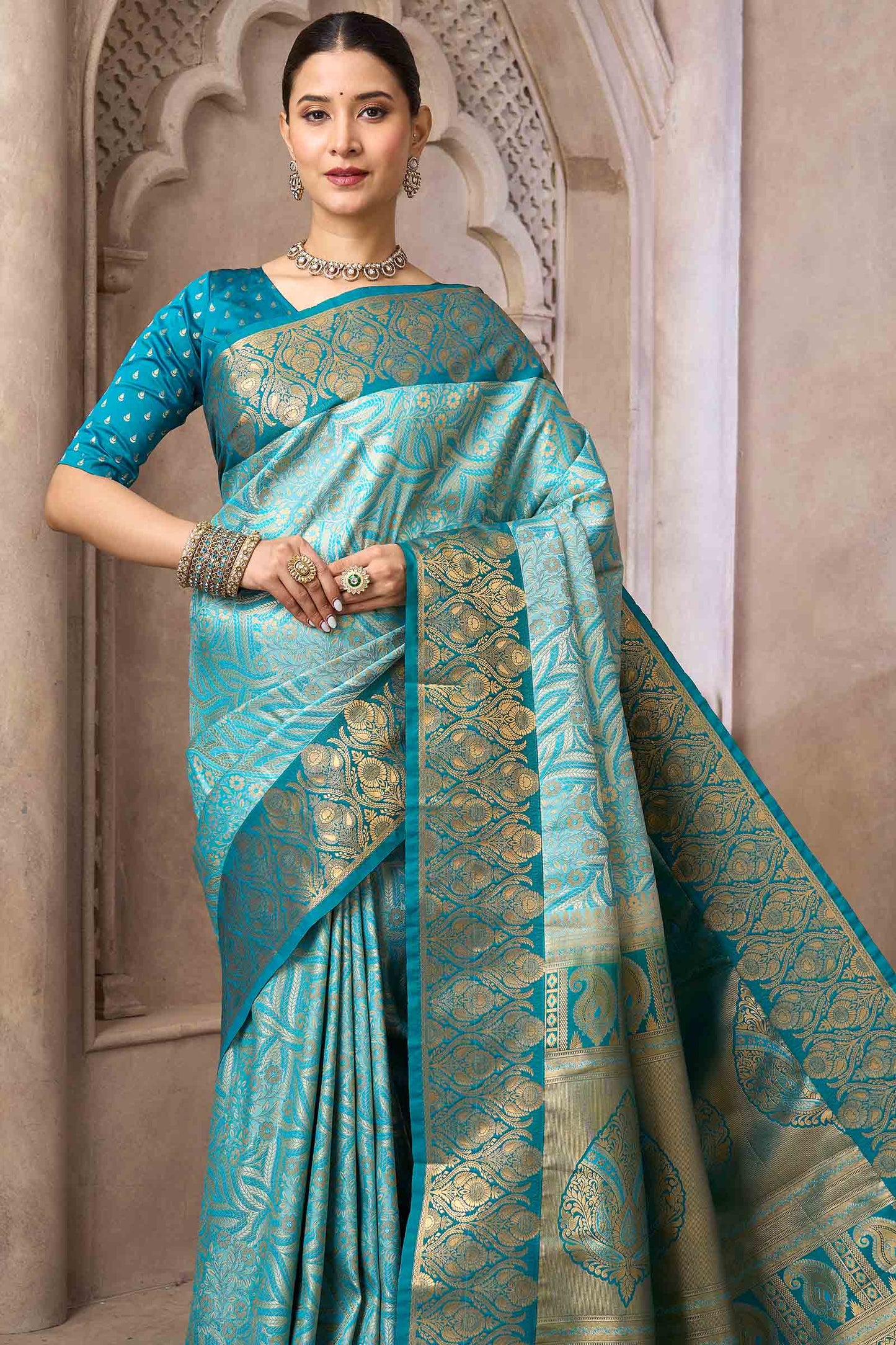 Sky Blue Semi Silk Rich Jacquard Zari Border Pallu Saree