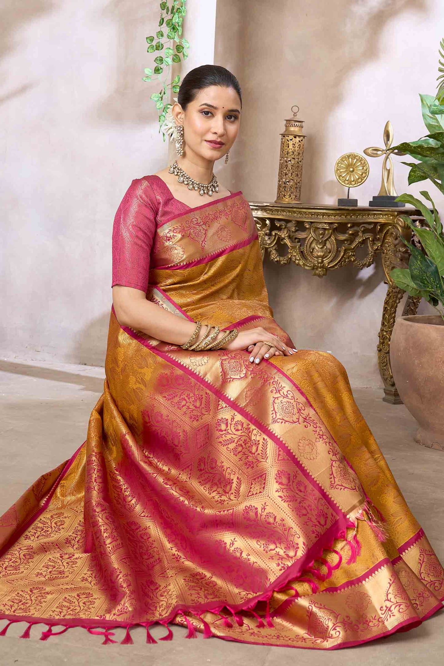 Mustard Yellow Semi Silk Rich Jacquard Pink Pallu Saree