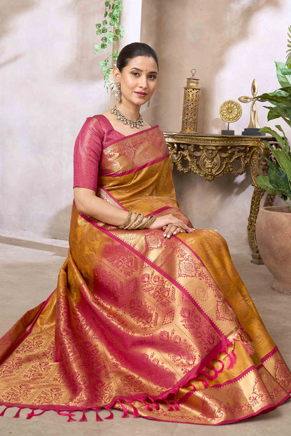 Mustard Yellow Semi Silk Rich Jacquard Pink Pallu Saree
