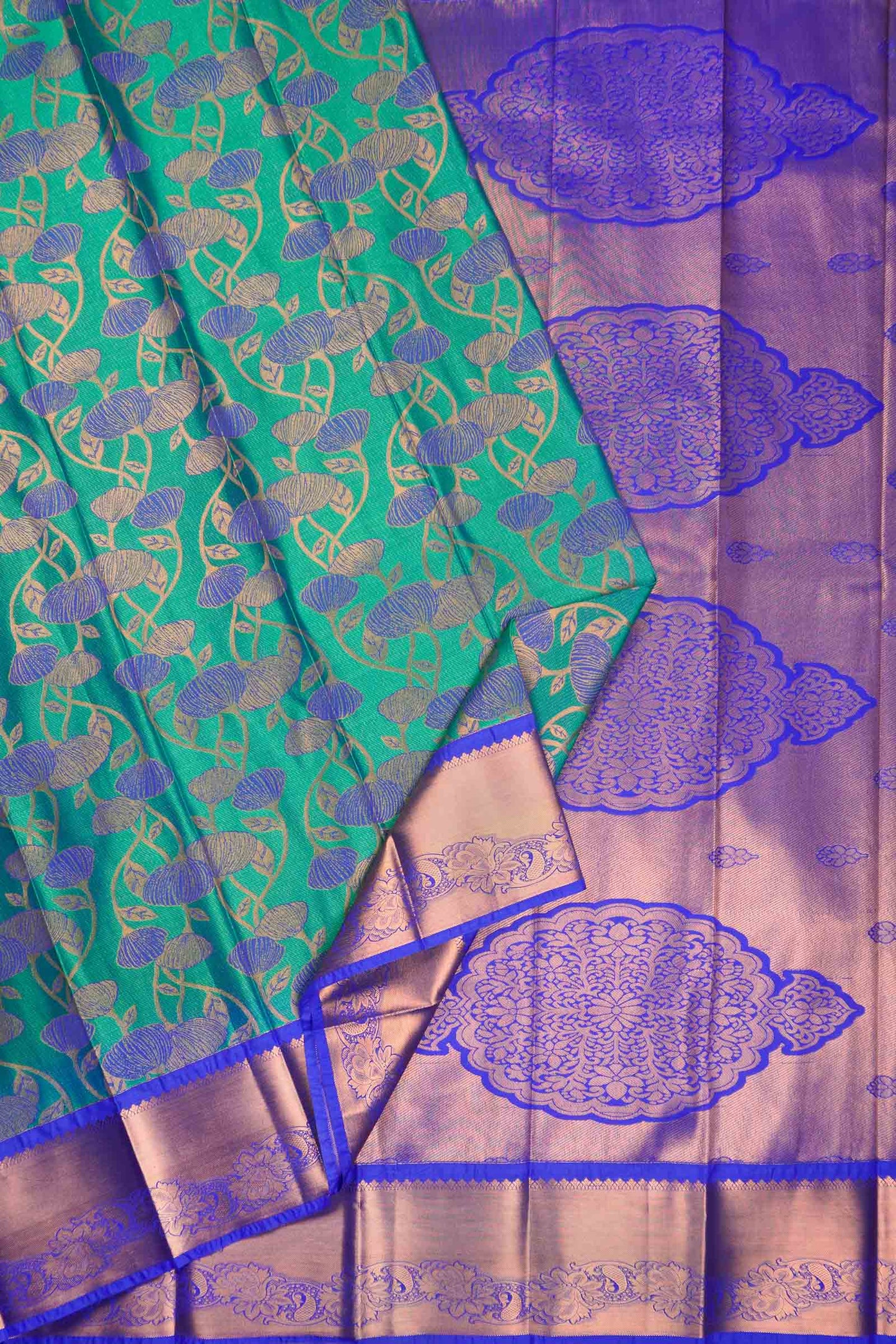 Sea Green Semi Silk Floral Vines Contrast Zari Border Pallu Saree
