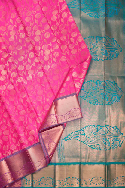Magenta Pink Semi Silk Tissue Tulip Garden Contrast Pallu Saree
