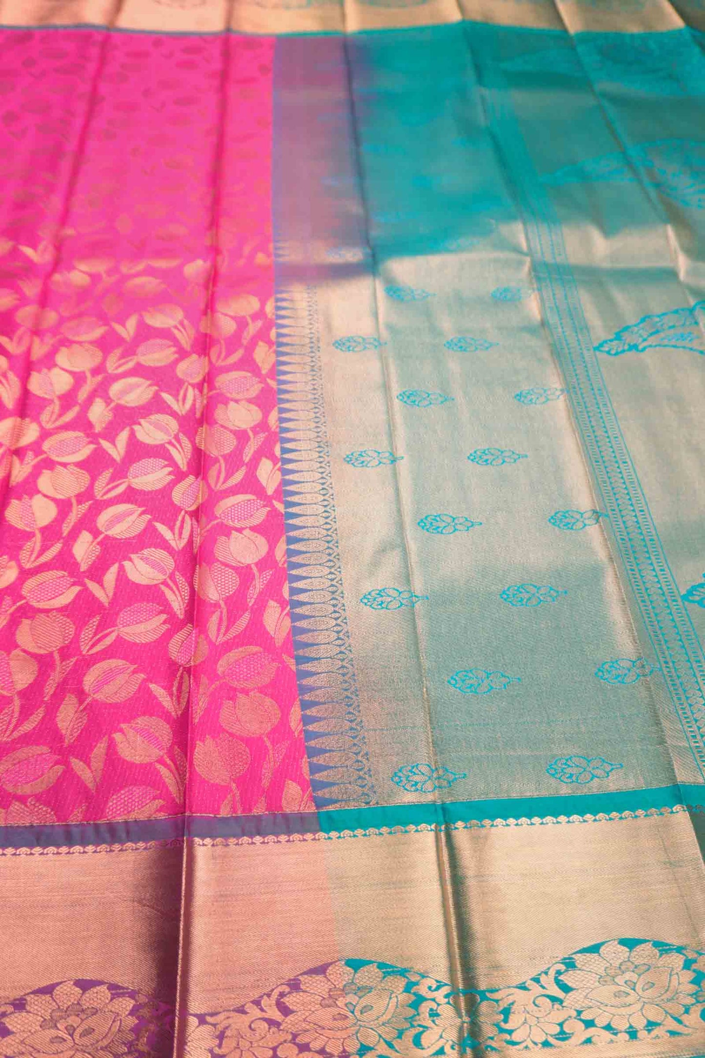 Magenta Pink Semi Silk Tissue Tulip Garden Contrast Pallu Saree
