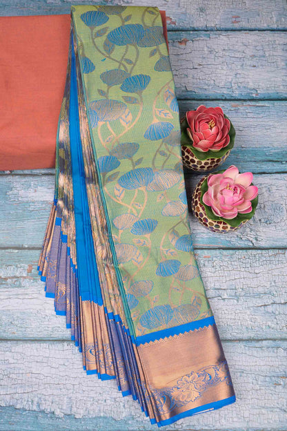 Green Semi Silk Contrast Blue Floral Vines Rich Pallu Saree
