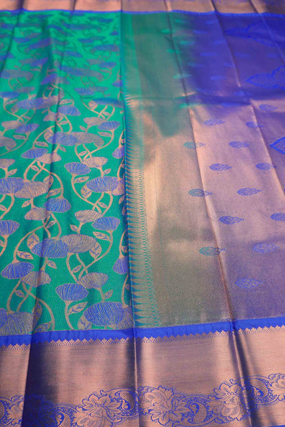 Sea Green Semi Silk Floral Vines Contrast Zari Border Pallu Saree