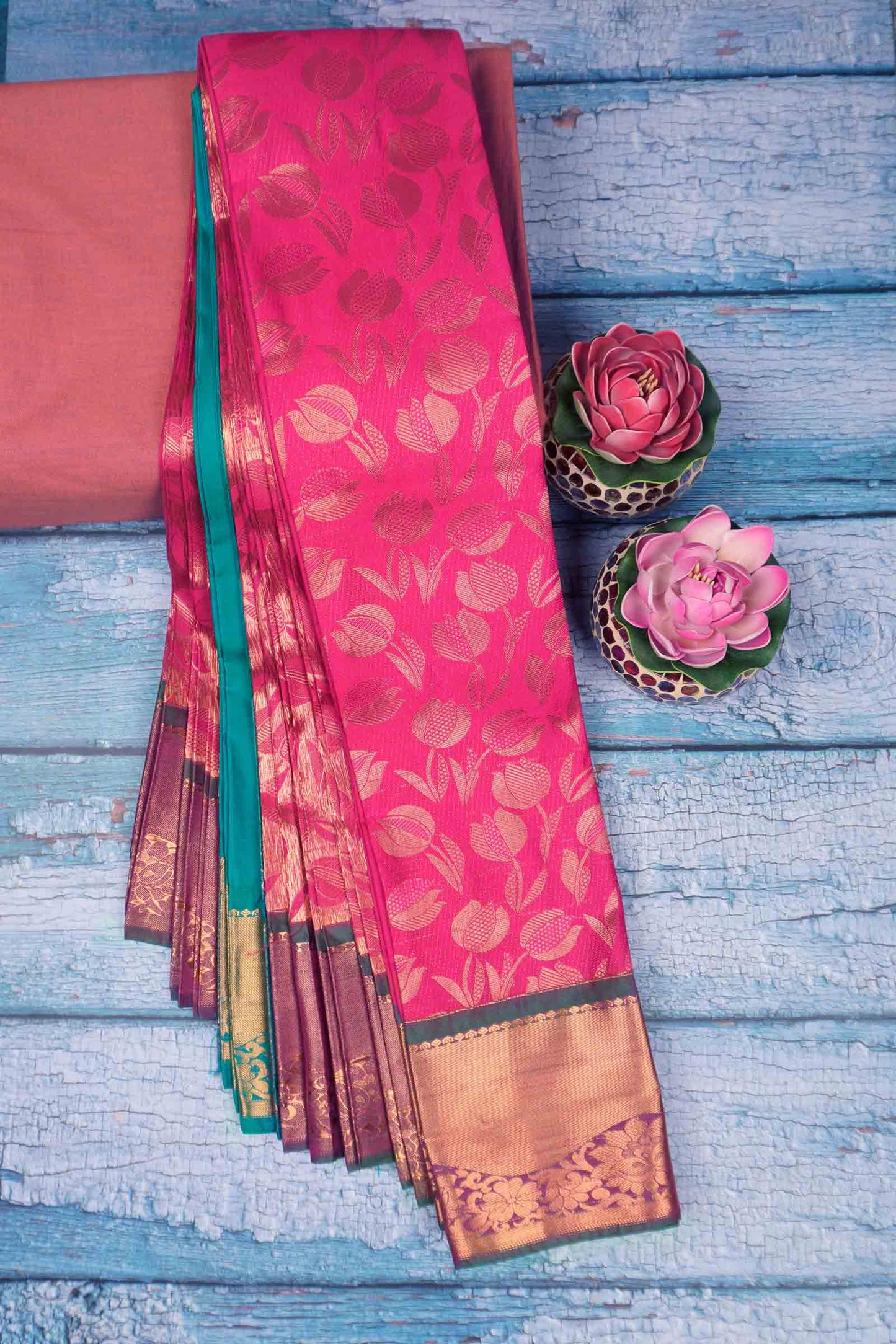 Magenta Pink Semi Silk Tissue Tulip Garden Contrast Pallu Saree