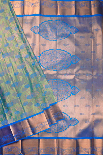 Green Semi Silk Contrast Blue Floral Vines Rich Pallu Saree