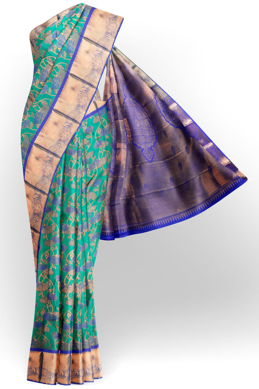 Sea Green Semi Silk Floral Vines Contrast Zari Border Pallu Saree
