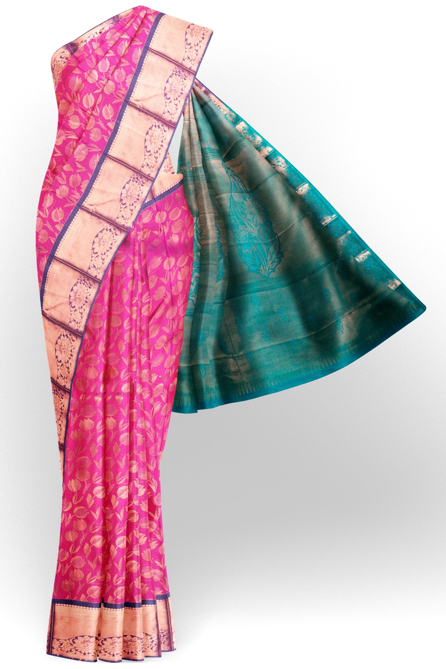 Magenta Pink Semi Silk Tissue Tulip Garden Contrast Pallu Saree