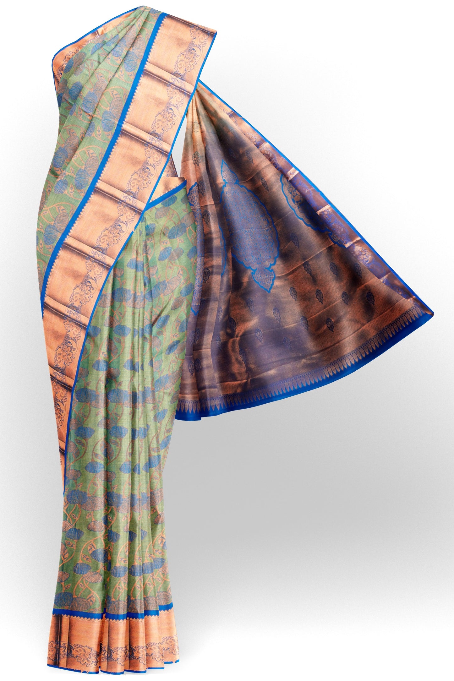 Green Semi Silk Contrast Blue Floral Vines Rich Pallu Saree