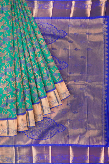 Sea Green Semi Silk Floral Vines Contrast Zari Border Pallu Saree