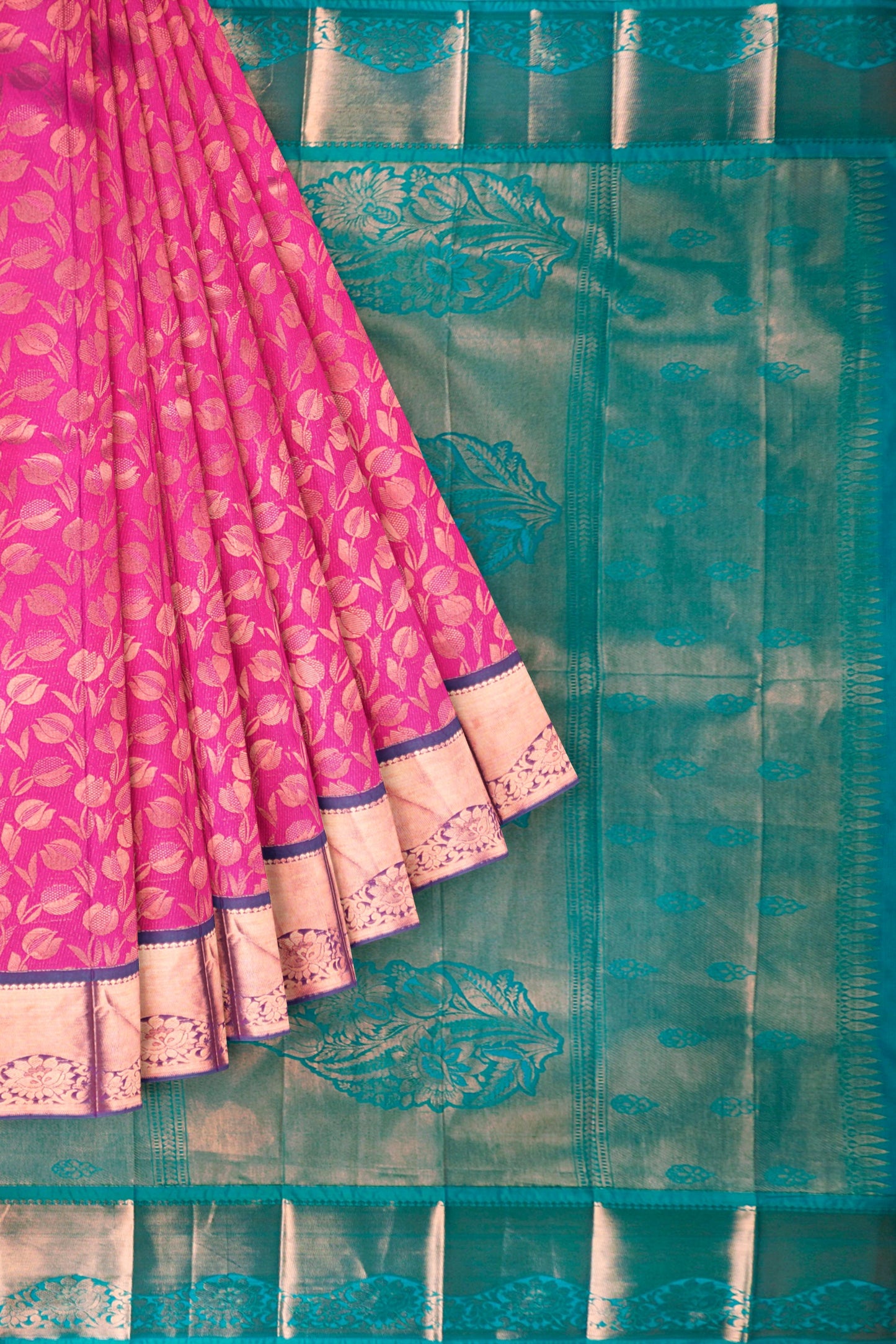 Magenta Pink Semi Silk Tissue Tulip Garden Contrast Pallu Saree