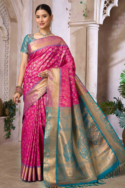 Magenta Pink Semi Silk Tissue Tulip Garden Contrast Pallu Saree