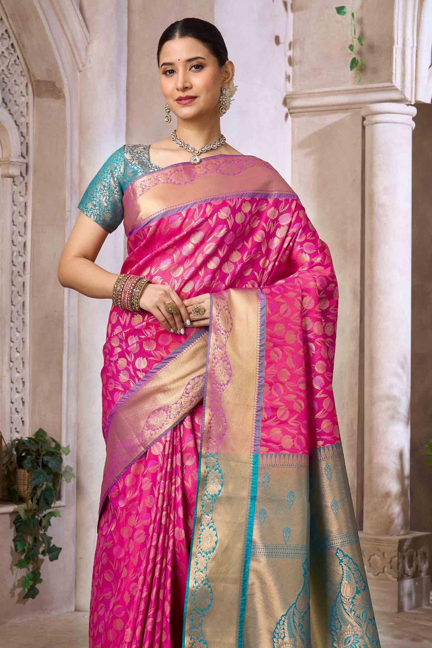 Magenta Pink Semi Silk Tissue Tulip Garden Contrast Pallu Saree