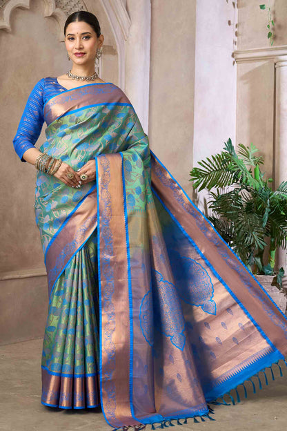 Green Semi Silk Contrast Blue Floral Vines Rich Pallu Saree
