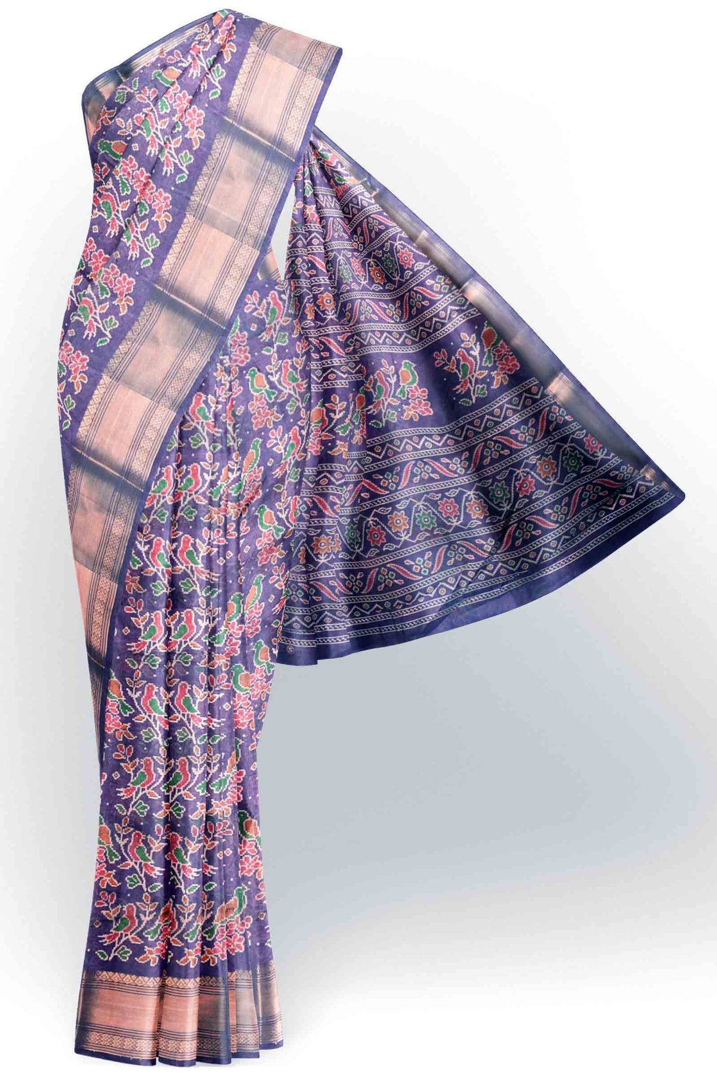 Violet Chirpy Bird Digital Print Zari Border Fancy Cotton Saree