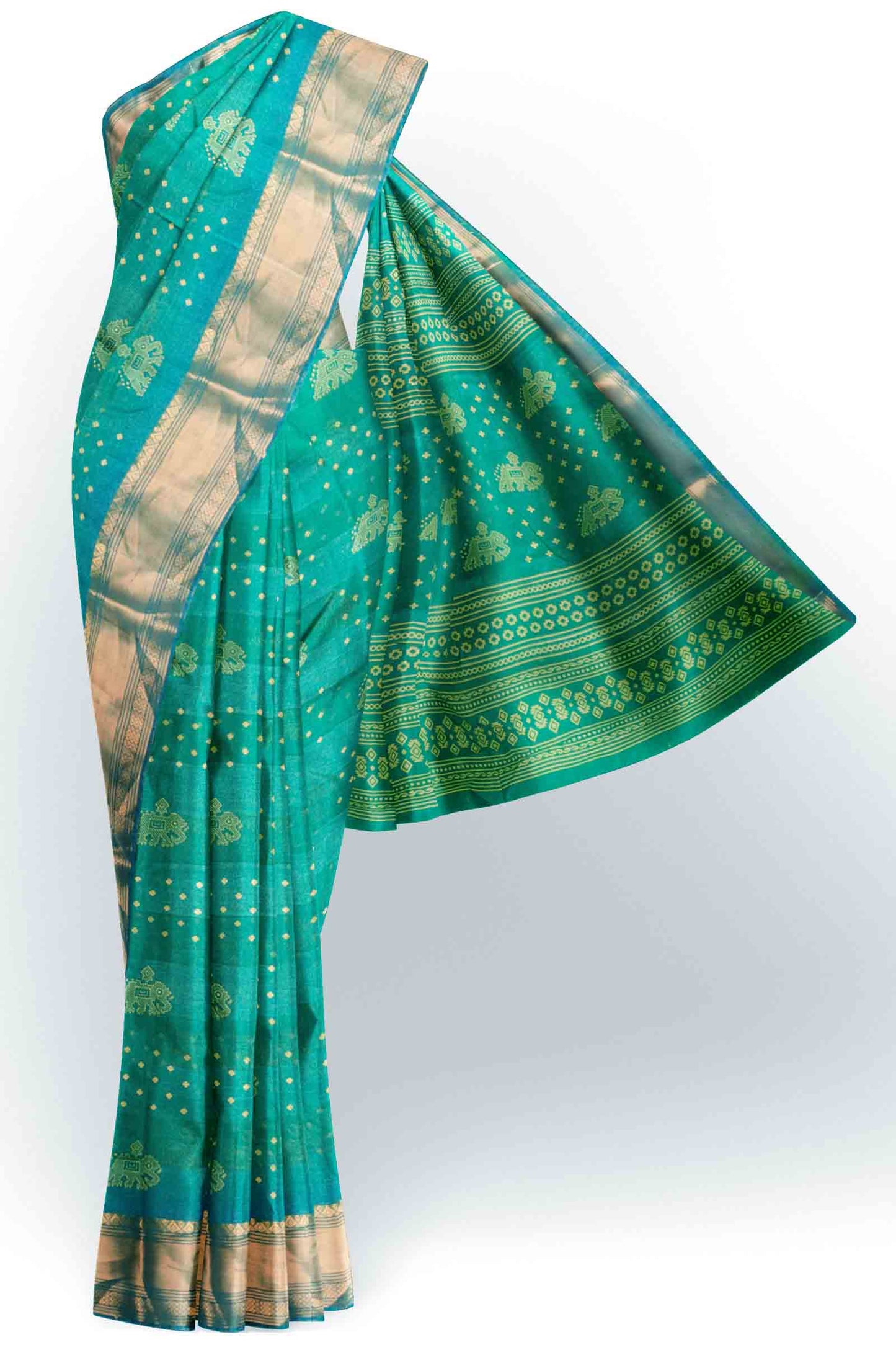 Green Elephant Prints Self Checks Zari Border Fancy Cotton Saree