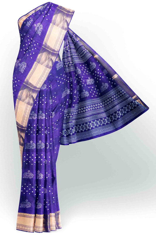 Royal Blue Elephant Prints Self Checks Zari Border Fancy Cotton Saree