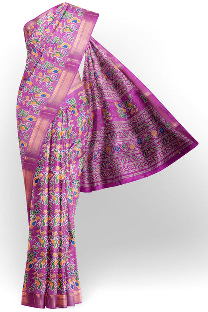 Lilac Chirpy Bird Digital Print Zari Border Fancy Cotton Saree