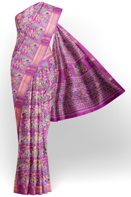 Lilac Chirpy Bird Digital Print Zari Border Fancy Cotton Saree