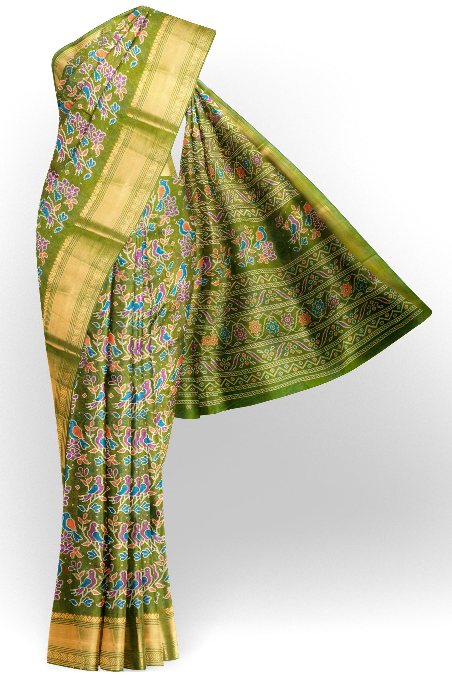 Parrot Green Chirpy Bird Digital Print Zari Border Fancy Cotton Saree