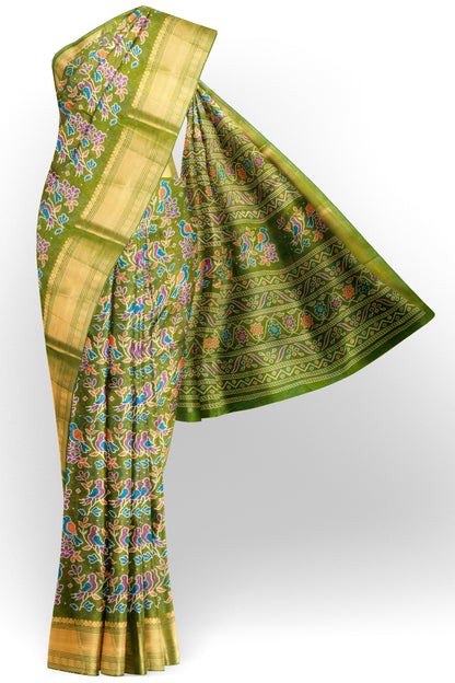 Parrot Green Chirpy Bird Digital Print Zari Border Fancy Cotton Saree