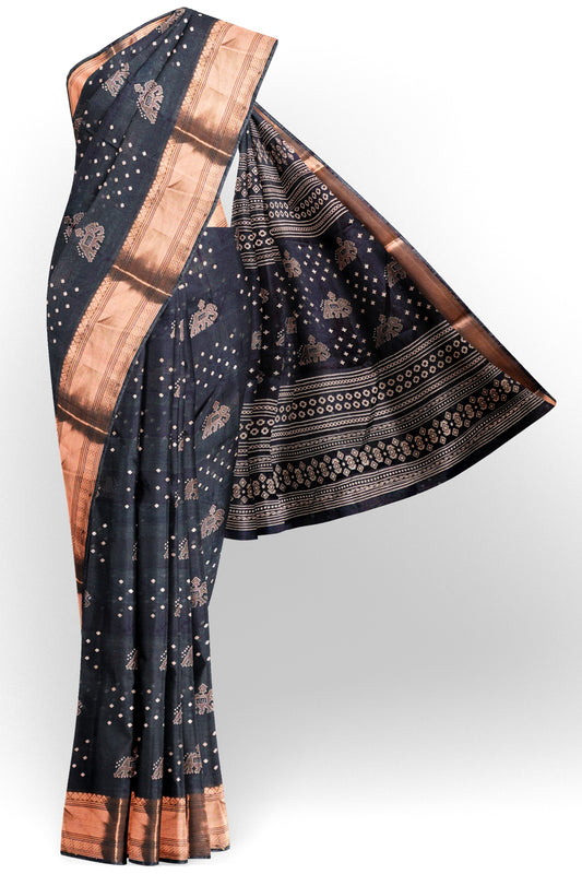Black Hathi Prints Zari Border Fancy Cotton Saree